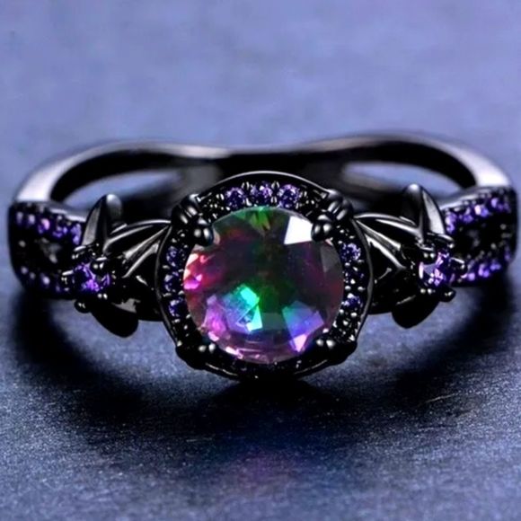 Women's Mystic Rainbow Topaz Jewelry - Women's Mystic Rainbow Fire Topaz / Black Gold Band Jewelry